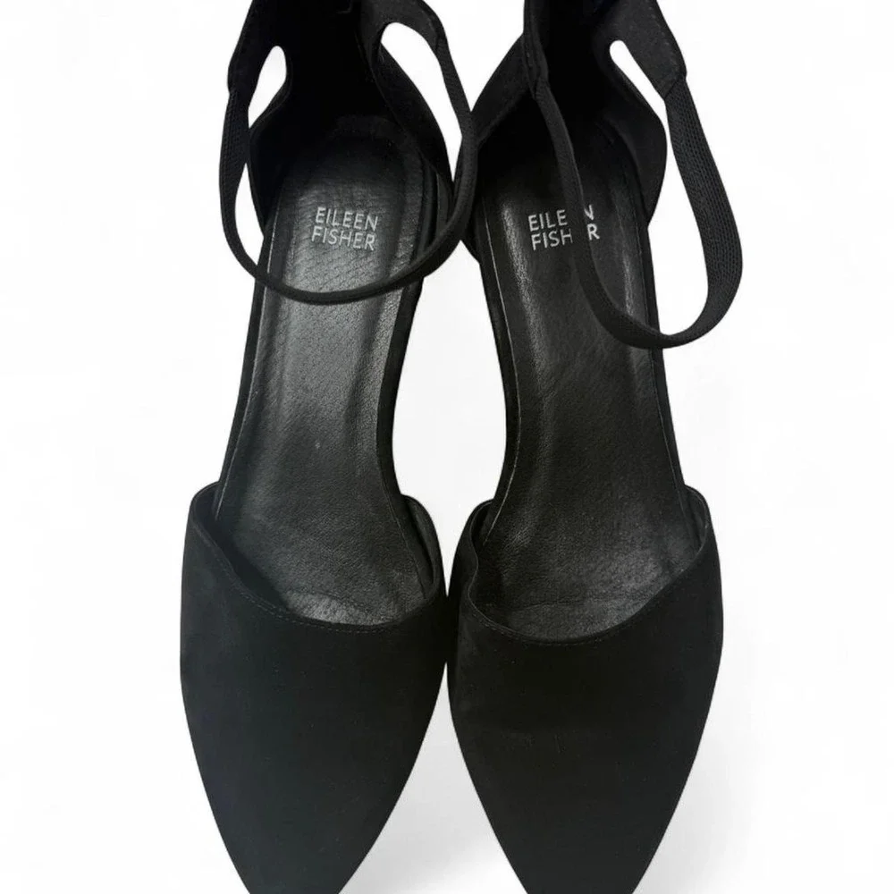 Eileen Fisher Black Suede d'Orsay Ankle Strap Heels Office siren Quiet Luxury